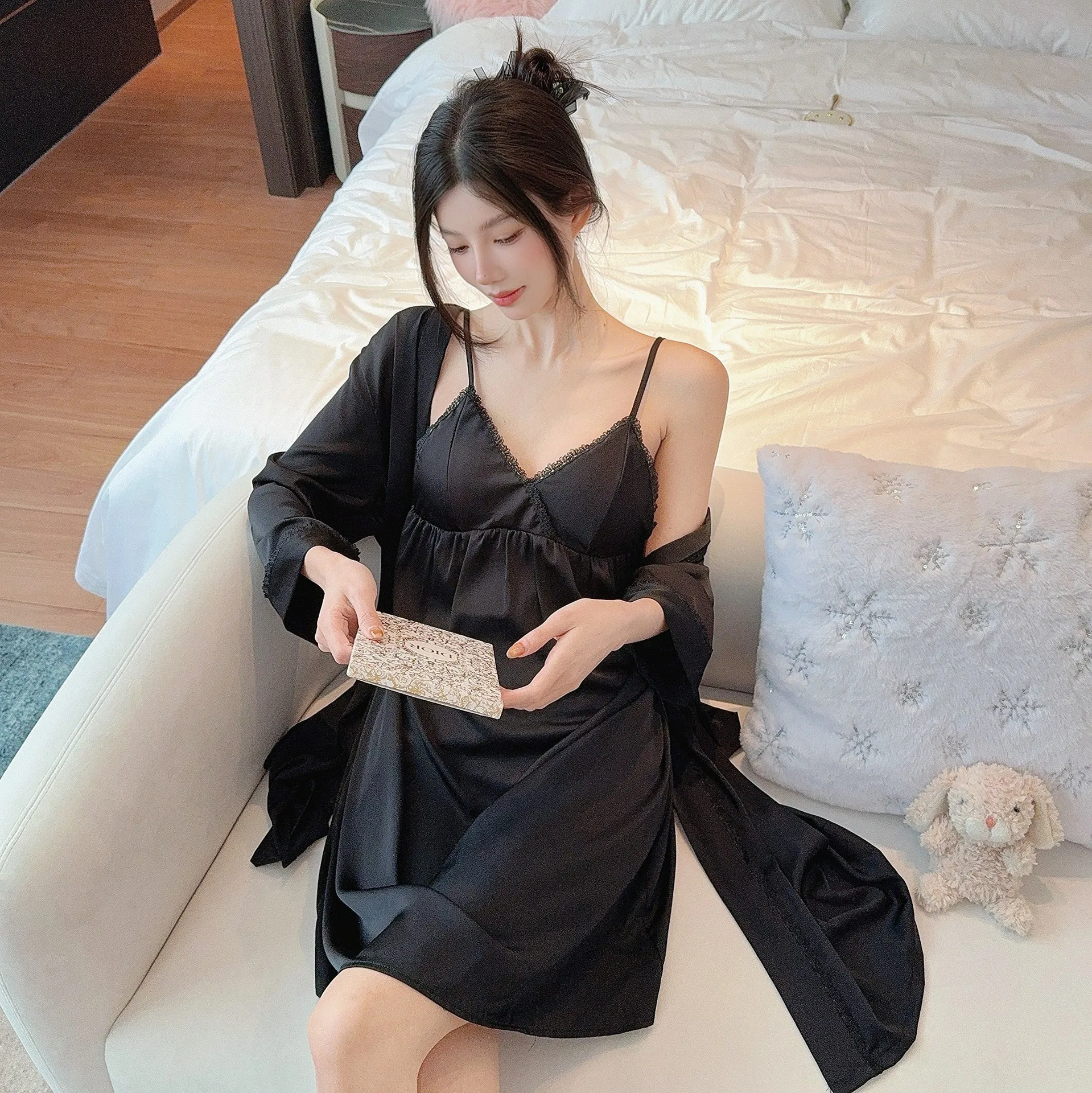 

2026 Spring New Robe Set Lace Patchwork Sling Dress Kimono Gown Satin Intimate Lingerie Women Nightdress Sleepwear