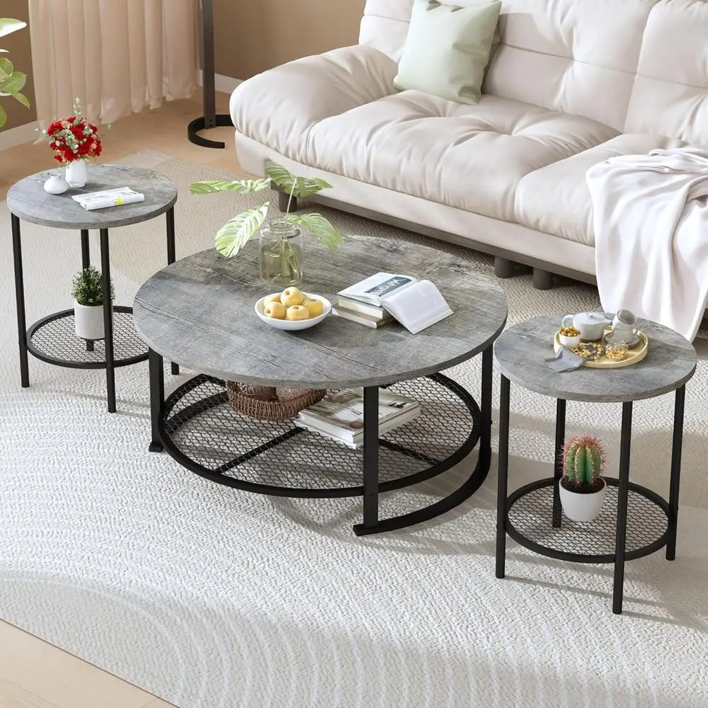 

3-Piece Wooden Rustic Living Room Coffee and End Table Set with Storage, Grey
