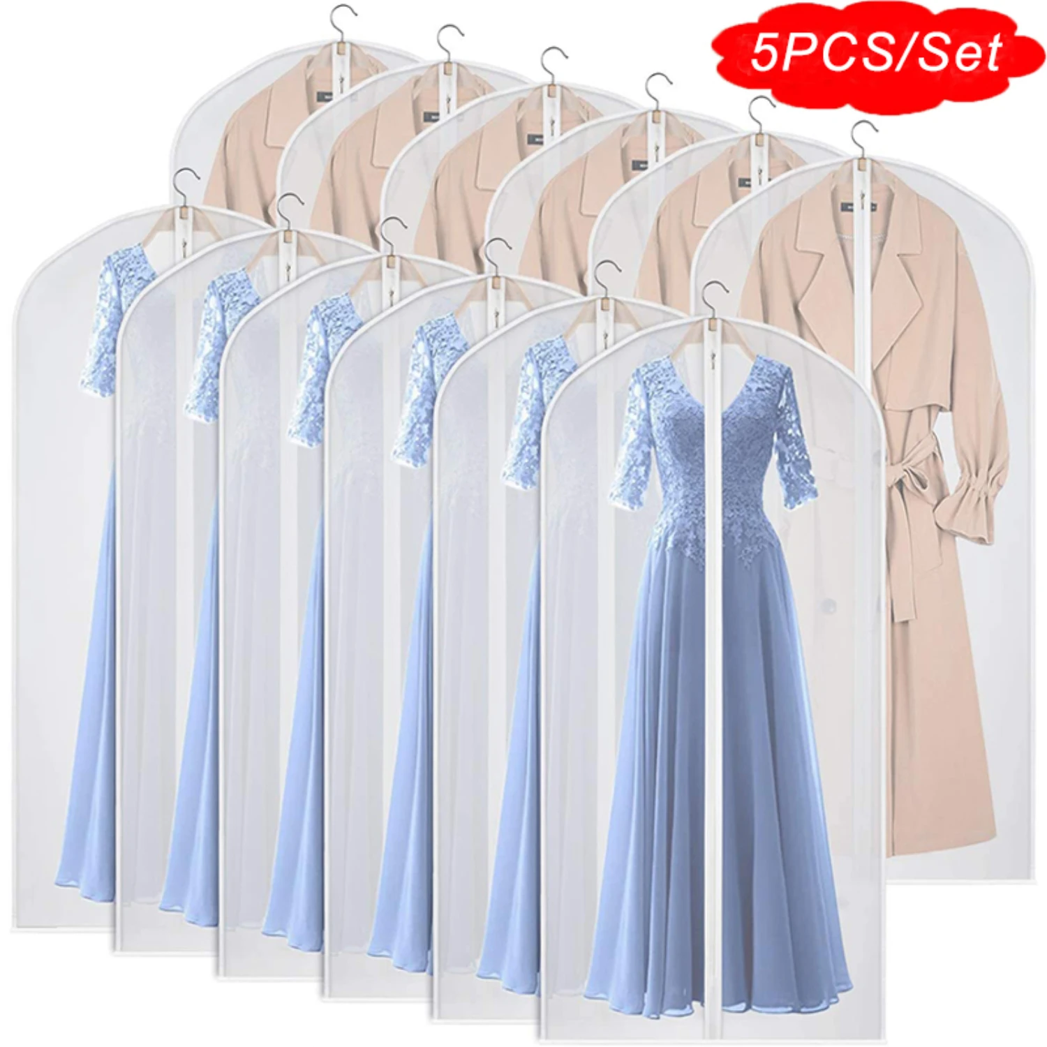 

5pcs/set Dust-Proof Garment Bags for Long Dresses, Suits, and Coats - Protect Your Clothes with Zippered Closure and Closet Stor