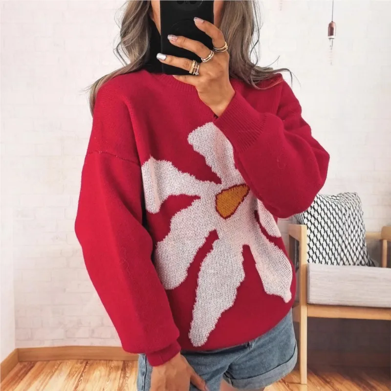 

2025 New Casual Commuter Women's Sweater Fashionable Contrasting Color Big Flower Round Neck Long Sleeve Loose Knitted Sweater