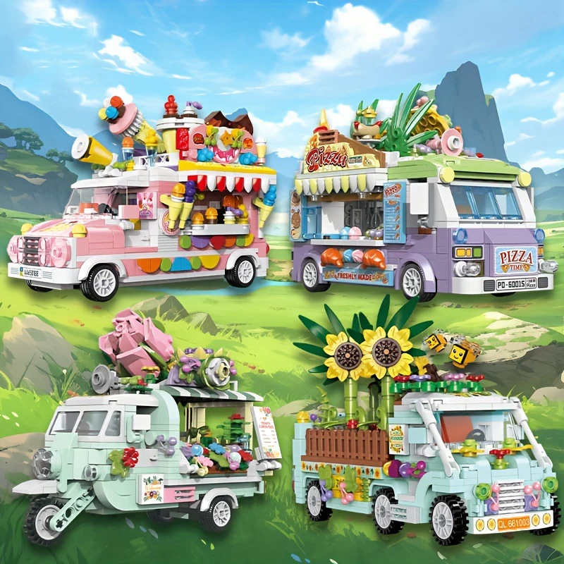 Sunflower Car Ice Cream Pizza Car Flower Tricycle Building Blocks Mini Particle Car Model Bricks Kids DIY Educational Toy Gifts