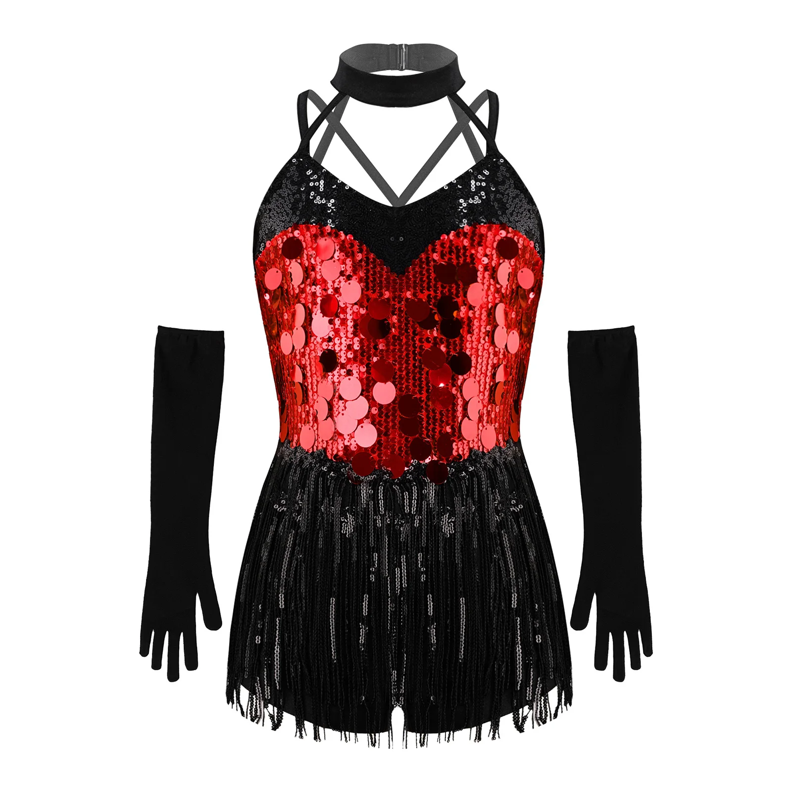 

Stylish Kids Girls Latin Dance Outfit Sleeveless Halter Cut Sequins Tassel Fringed Dress For Stage Jazz Performance Contest Use