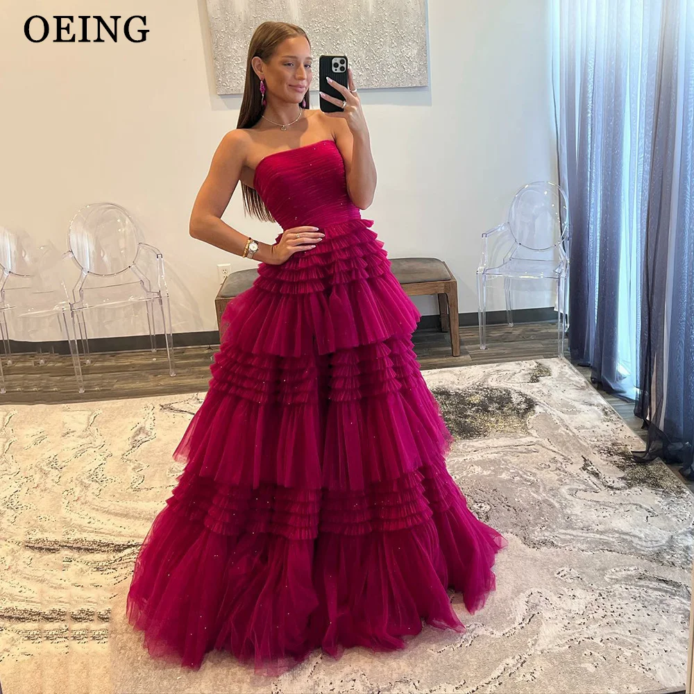 

OEING Fucsia Ruffled Prom Gown Elegant Strapless A-line Pleated Tiered Side Split Tulle Evening Dress Gala Vestido De Fiesta