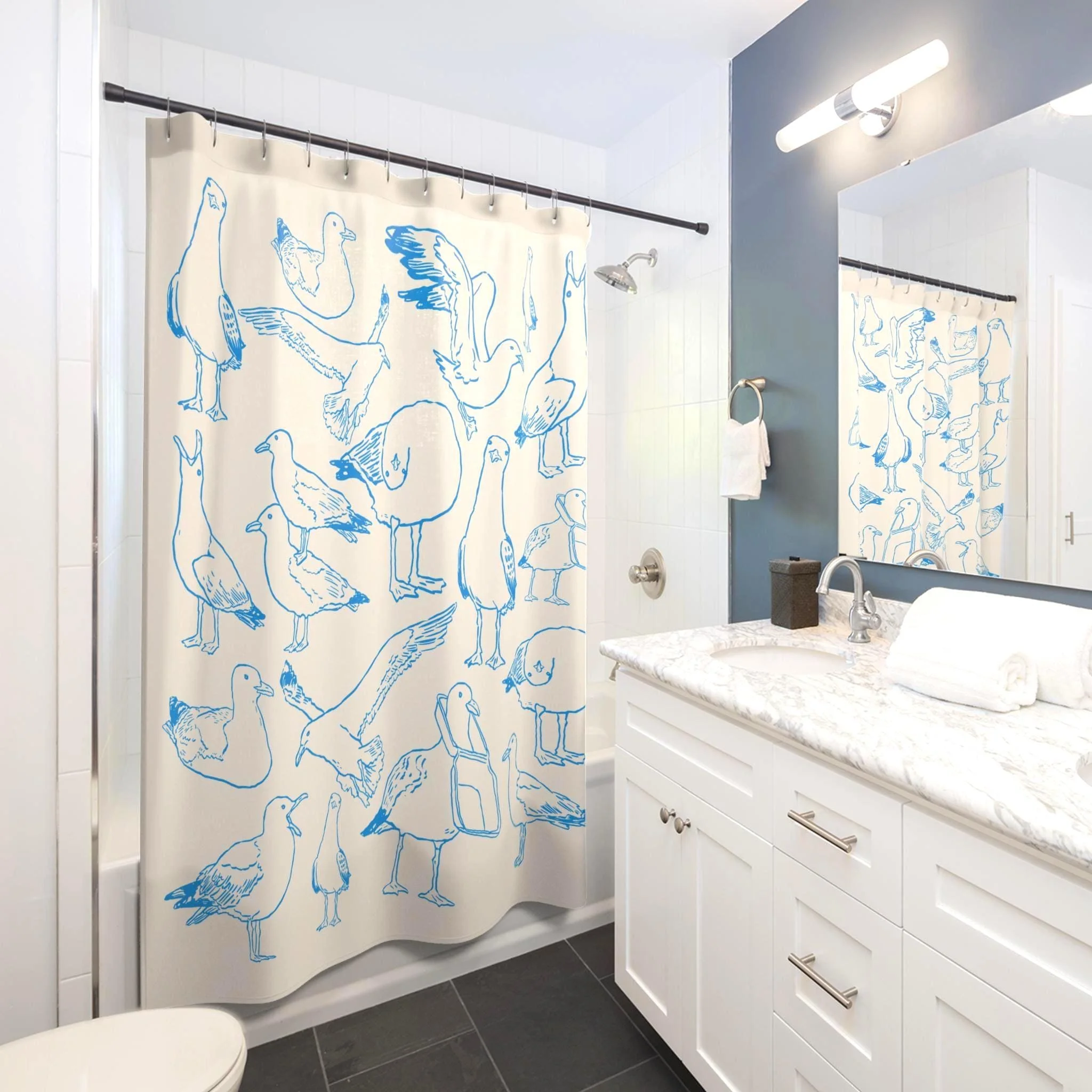 Cute Blue Bird Family Shower Curtain Bathroom Decor Novelty Animal Print Linens for Modern Home Bathroom