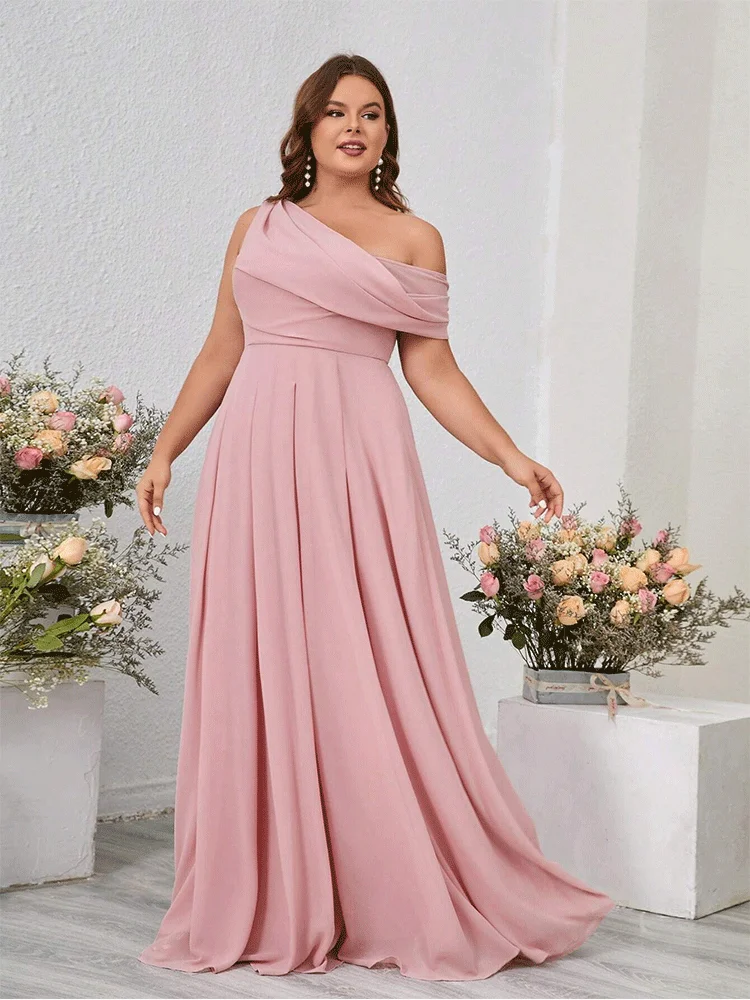 Plus Size Pink Chiffon One Shoulder Bridesmaid Evening Dress 4XL 5XL BIg Size Women Floor Standing Evening Dress