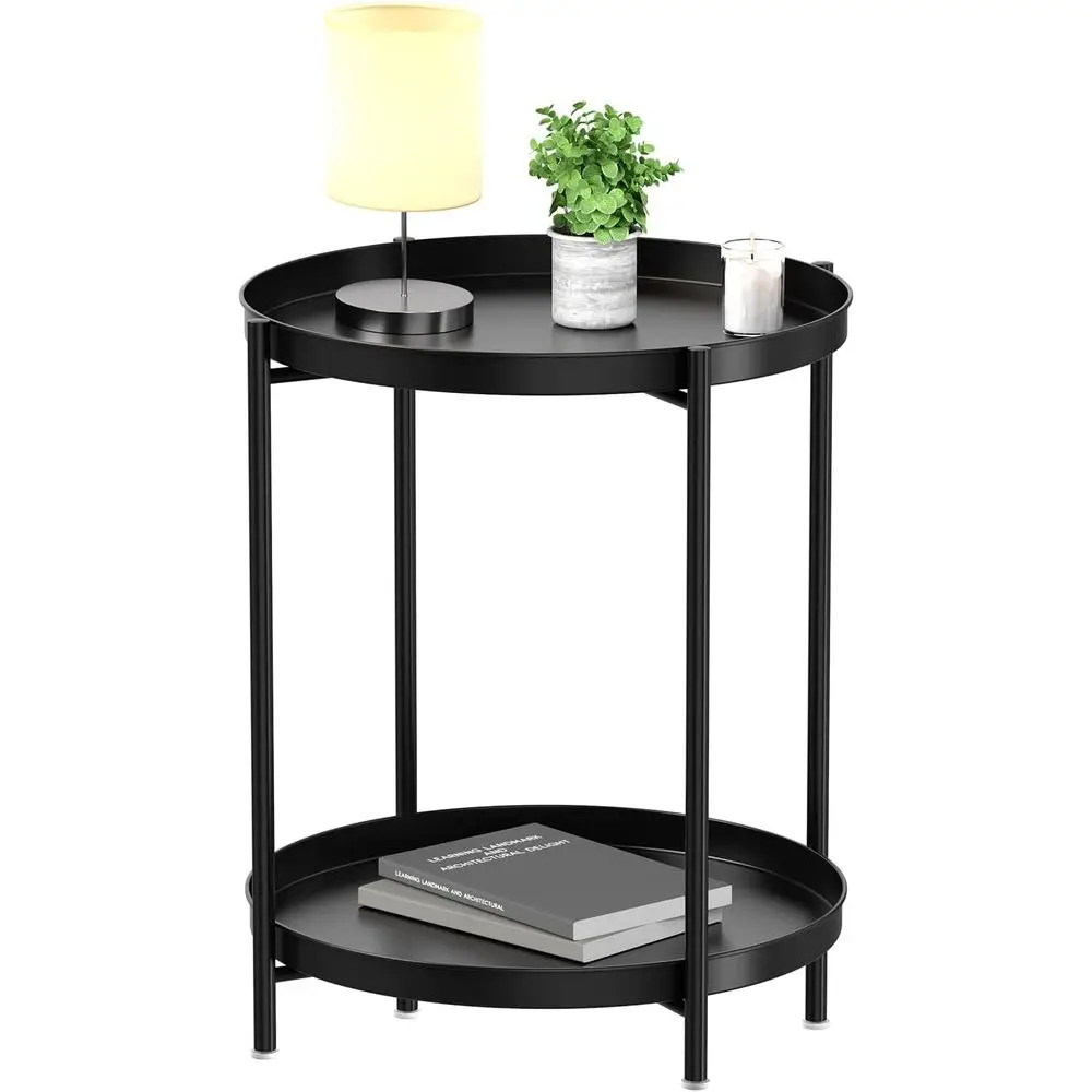 

2 Tier End Table - Metal Side Table Waterproo Small Soa Coee Side Tables Bedroom Indoor Outdoor with Removable Tray or Living Ro