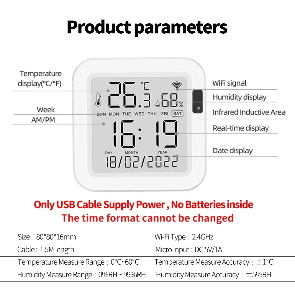 Tuya Temperature and Humidity Smart Sensor With Backlight for Smart Home var WiFi SmartLife Work with Alexa Google Assistant