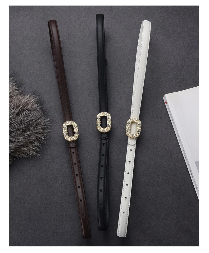 

Women Fashion Pearl Thin Belt Rhinestone Belt Genuine Leather Bling Crystal Adjustable Glitter Waistband for Dress Luxury Girdle