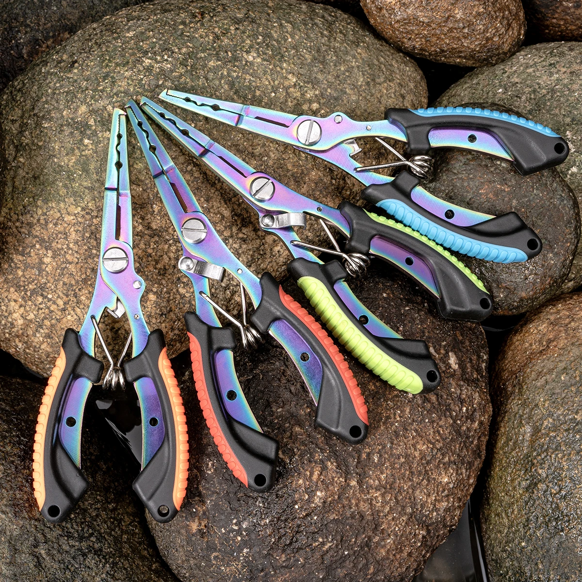 Multi-functional fishing pliers with colored titanium alloy split ring cutter and non-slip lead pressing handle, a fishing tool