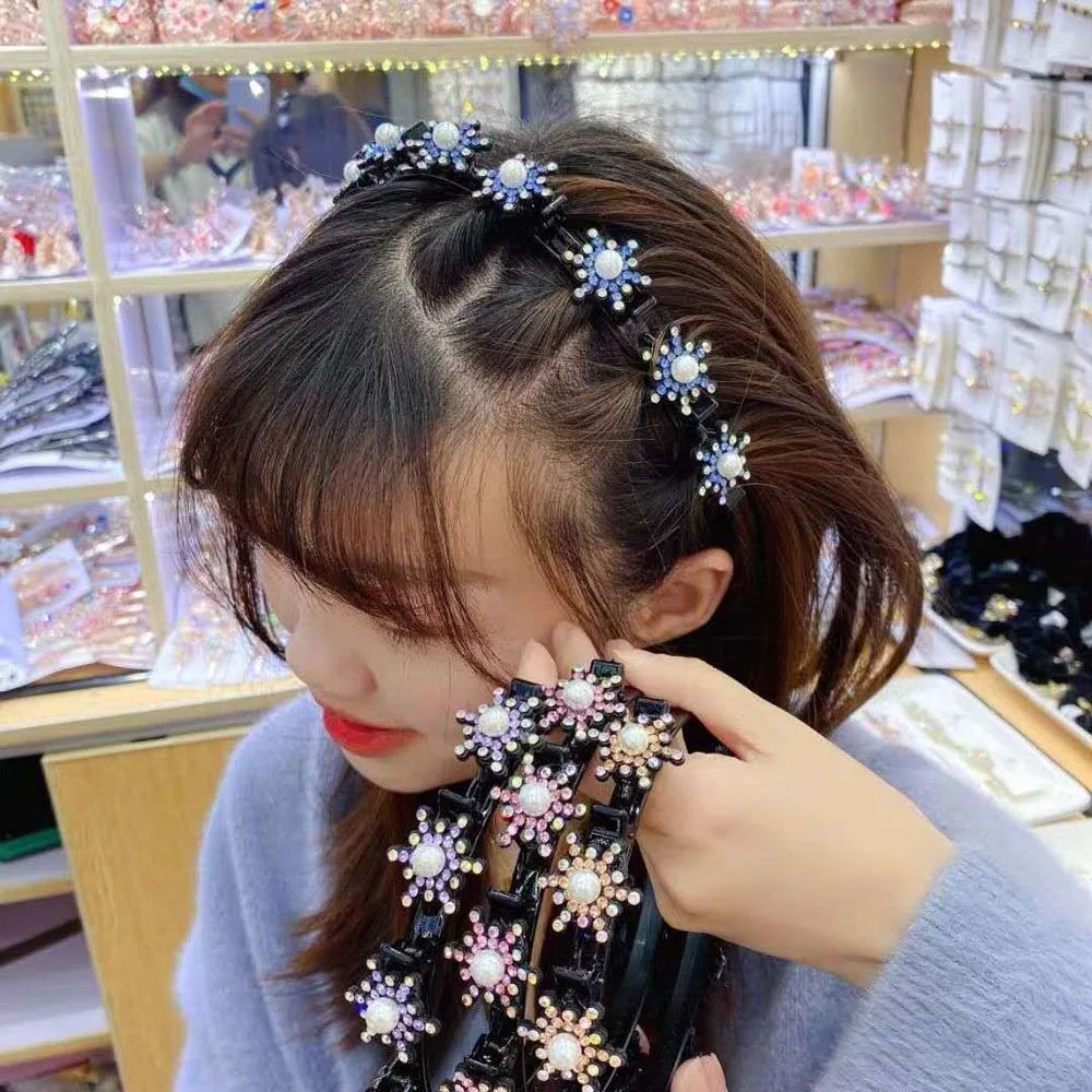 

Elegant Hair Bands with Clips Sweet French Style Women Pearl Hair Hoop Plastic Headwear Rhinestone Bangs Clip Headband Gifts