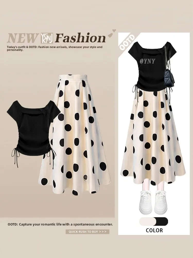 

Summer Knitted 3D Print Top And Polka Dot Skirt Two-Piece Set Slimming Effect High Quality Anti-Aging Style