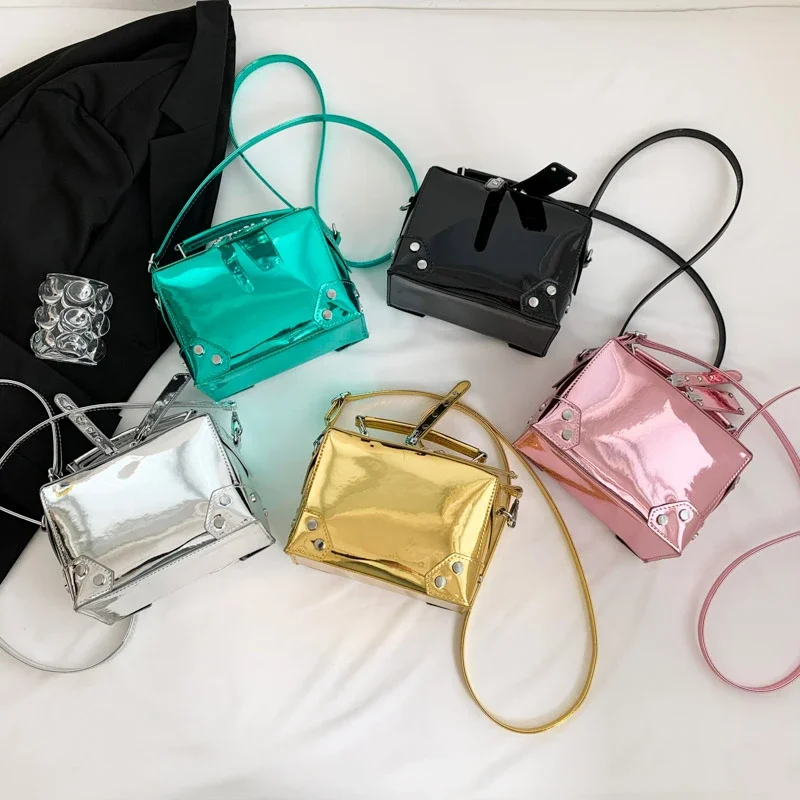 New Metal High Gloss Mirror Motorcycle Style Handheld Box Bag Makeup Bag Fashion Versatile Women\'s One Shoulder Crossbody Bag