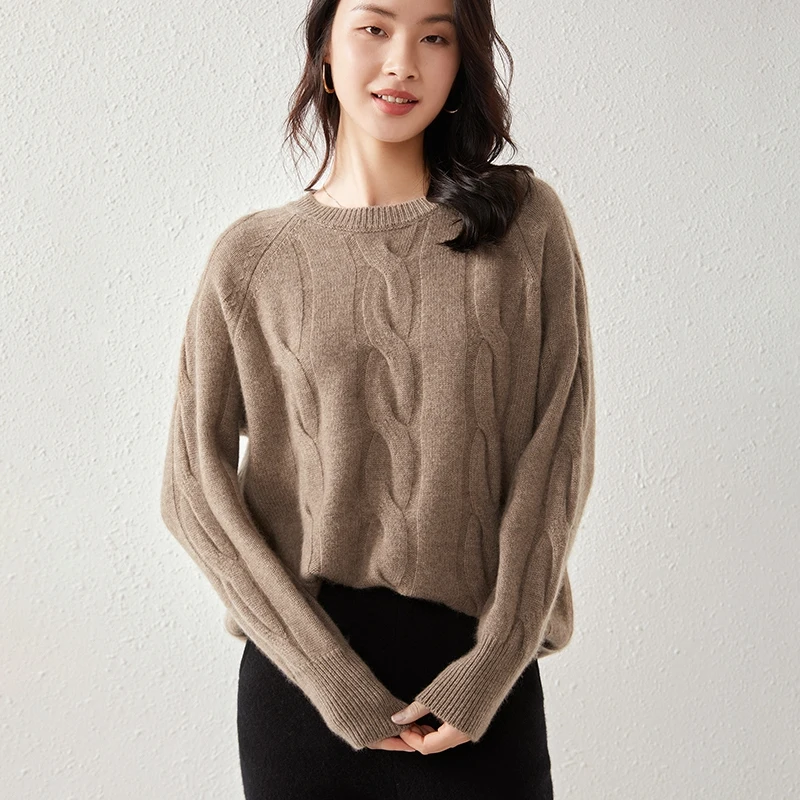 เสื้อไหมแคชเมียร์ถักลายดอกบิดเกลียว คอกลม แขนยาว สำหรับผู้หญิง ดีไซน์หรูหรา สไตล์ชาติพันธุ์ สำหรับฤดูใบไม้ร่วงและฤดูหนาว ผลิตจากไหมแคชเมียร์แท้ 100%