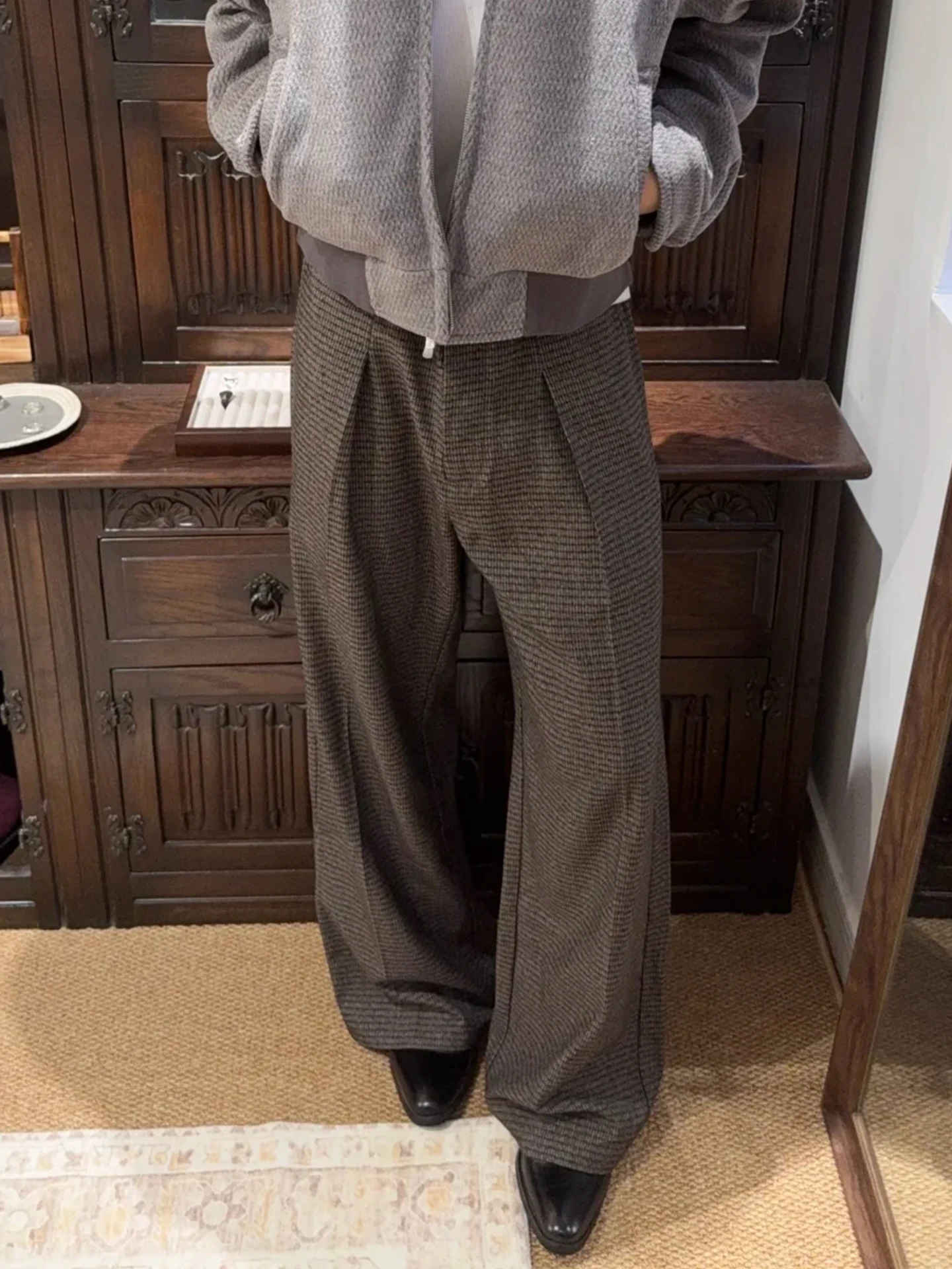 

Мужские широкие брюки в клетку в стиле ретро в американском стиле, повседневные брюки свободного покроя, молодежный тренд, весна-осень, сложенный подол