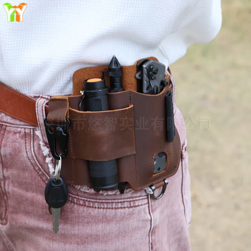 新しい牛革メンズアウトドアツールウエストバッグキャンプ懐中電灯スチールナイフレザーカバー包装