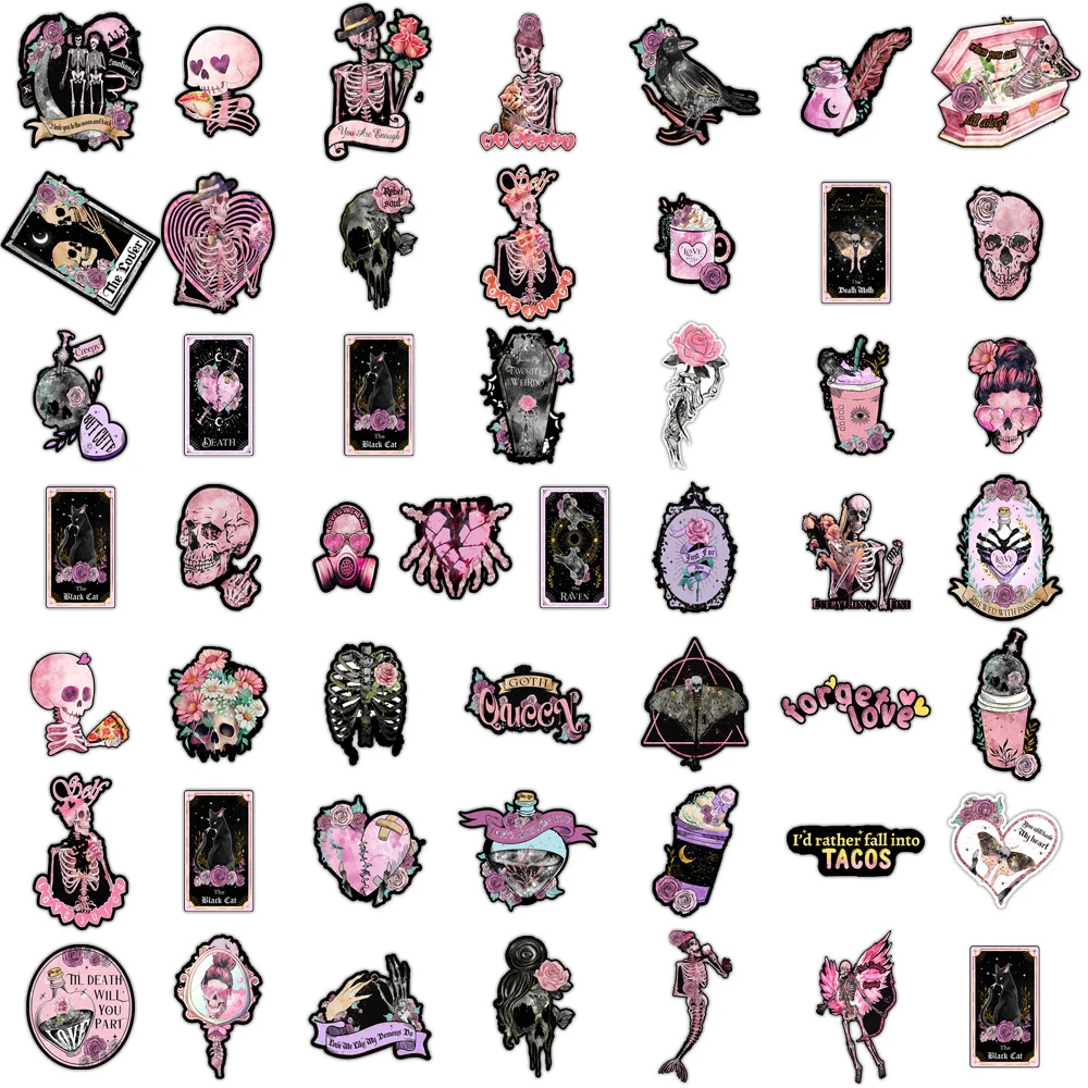 10/30/50pcs Dark Pink Gothic Aesthetic Stickers Decoration Cartoon Skull Graffiti Decals Phone Water Bottle Luggage Cool Sticker