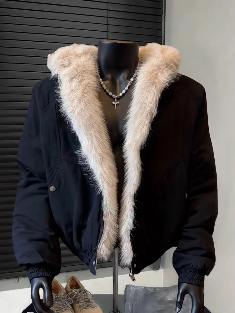 

Men's Thiened Winter Cotton Jaet Lamb Fur Collar Hooded Cleanfit Sle Casual Outerwear Warm Long Sve Zipper Closure