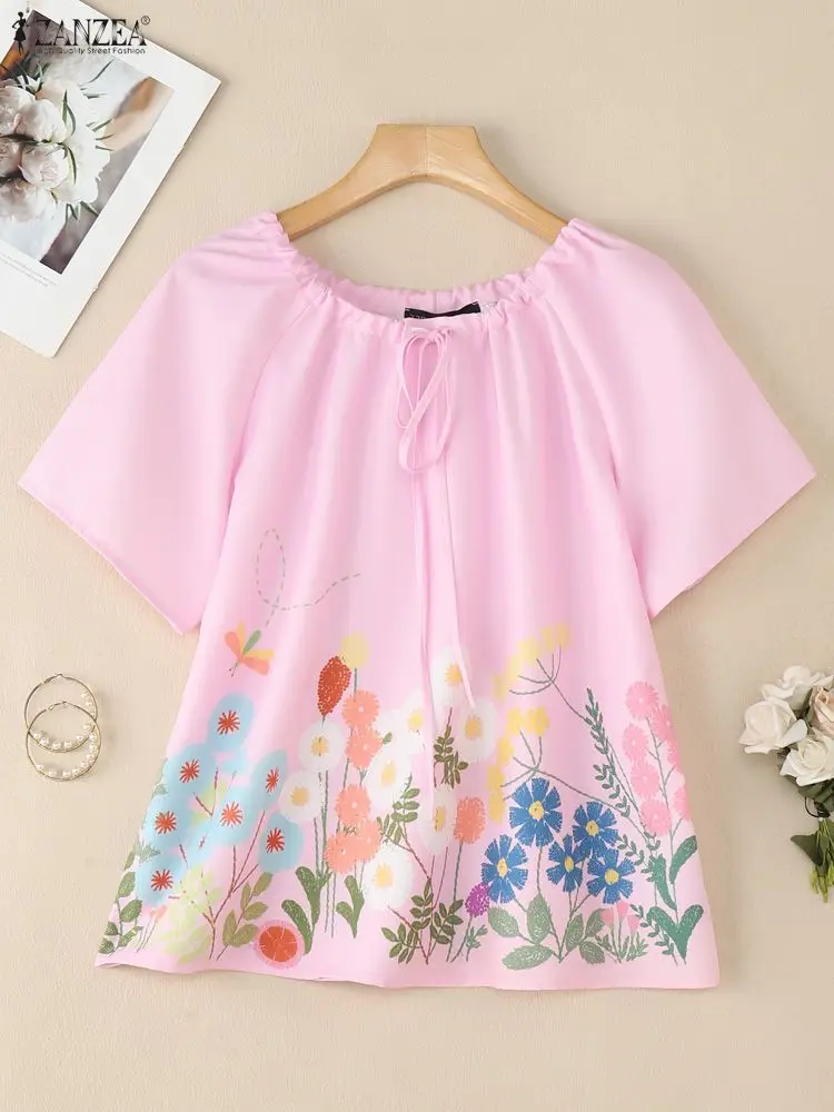 ZANZEA بلوزات نسائية غير رسمية مطبوعة بالزهور لصيف 2025 برباط علوي ورقبة دائرية وأكمام قصيرة ملابس نسائية ملابس خروج 3XL