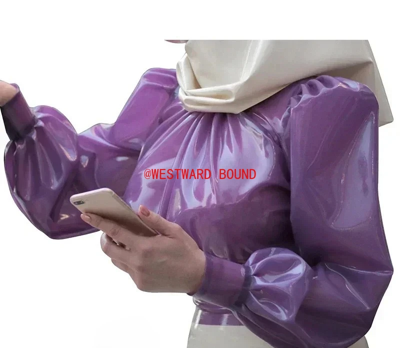 

Customized Transparent Purple Sexy Blouses With Puff Long Sleeves Zipper Back Rubber Shirts Top Frill around Collar