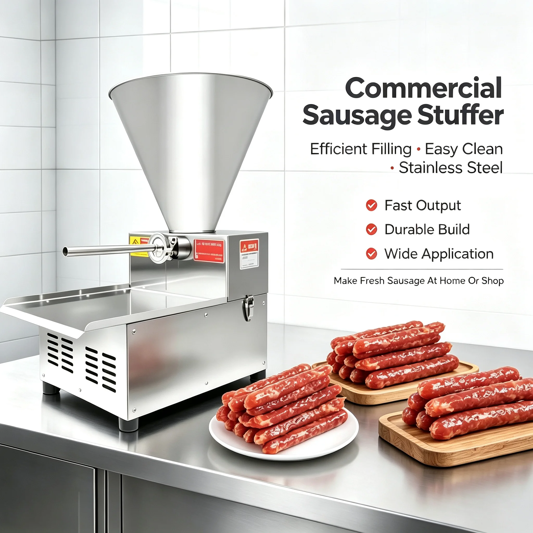 Sausage Filling Machine Stainless Steel Automatic Stuffer with Splash Guard Easy Clean for Meat Processing