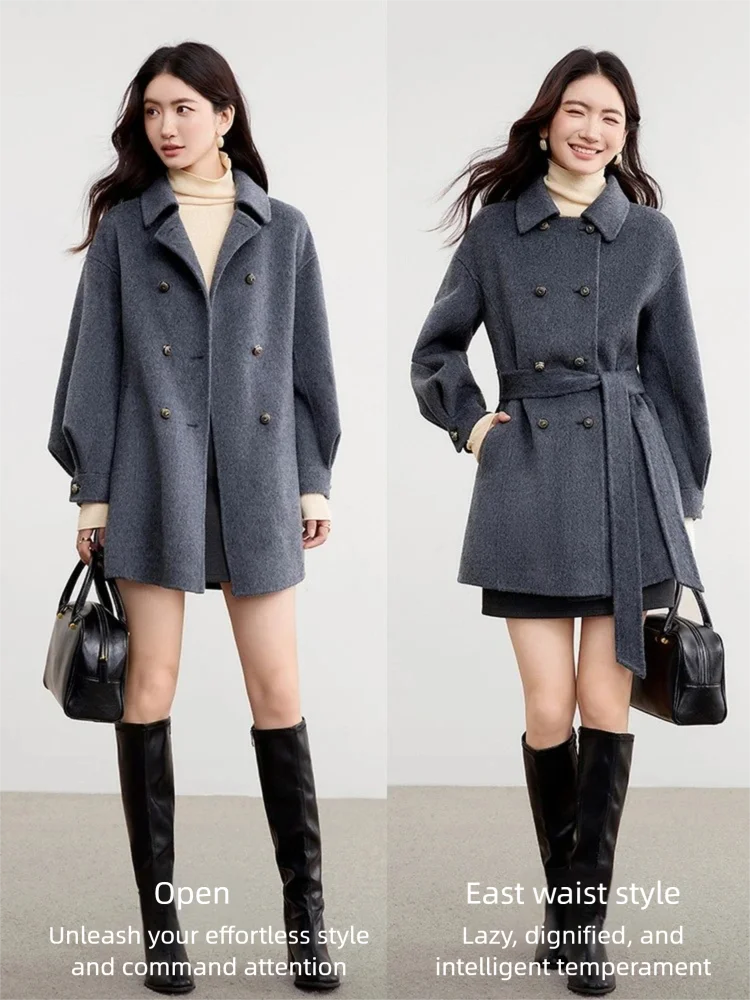 SENTUBILA Mittellanger Wollmantel für Damen 2026 Winter Einfarbige Jacken mit Abnehmbarem Gürtel Doppelseitige Wollmäntel Elegant W54OG3688X – Detail 7