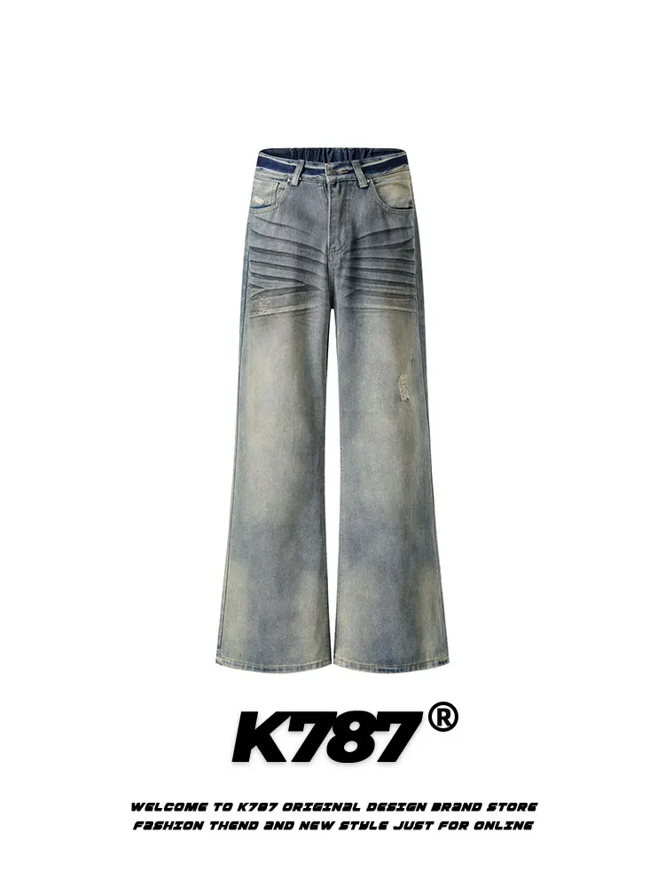 

K787 American Retro Waed Micro Flared Jeans Men Women Horizontal Stripe Wear Resistant Casual Straight Leg Cotton Denim
