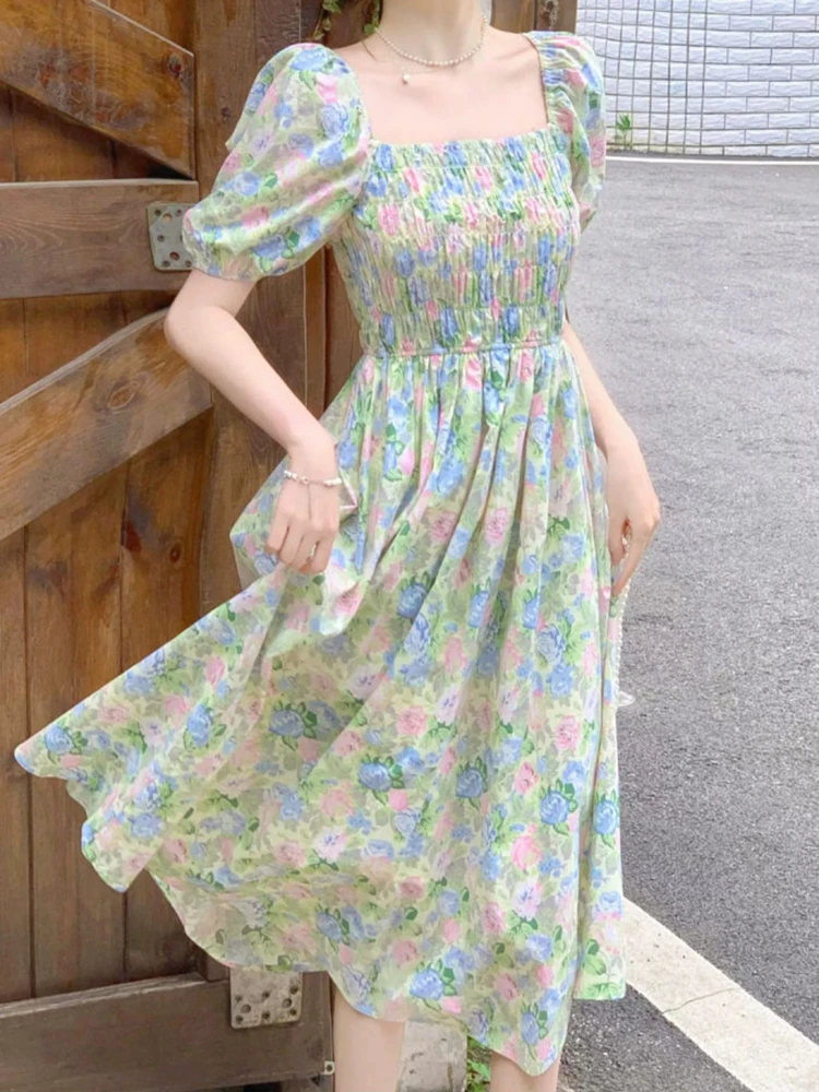 

Women Bohemian Print Green Midi Dress Summer 2024 Lady Graceful Square Collar Puff Sleeve Floral Dresses Beach Travel Clothing