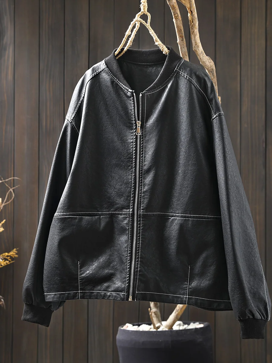 Women's ort PU Leather Jaet Stand Collar Biker Sle Bla And Beige Coat Casual Commute Faion Chinese Production