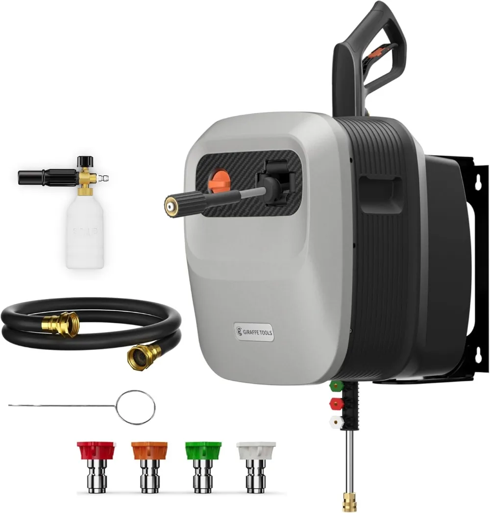 Pressure Washer G20 with 180°Rotating Bracket, 65FT Retractable Ultra-Soft Pressure Hoses,2200PSI,2.4GPM,4 Nozzles,Light Silver