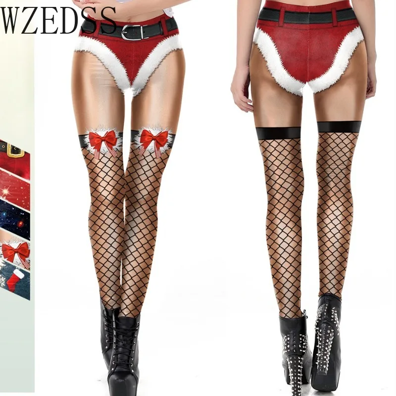 

Xmas Women Christmas Belt Leggings Santa Claus Cosplay 3D Printed Party Pants Spandex Elastic Adult High Waist Skinny Leggins