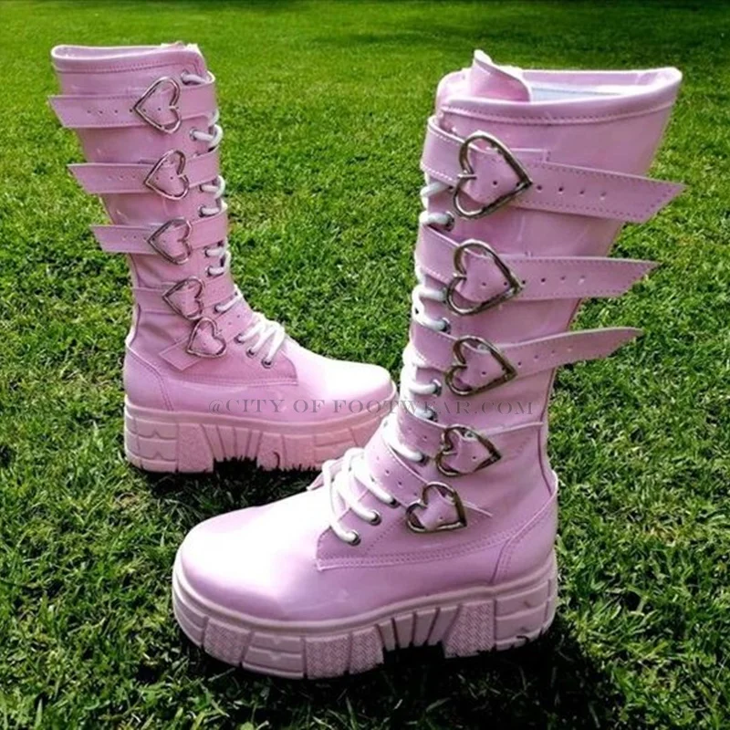 Pink Heart Buckled Knee High Boots Women Platform Round Toe Big Size Highten Boot Punk Designer Lolita Causal Lady's Shoes