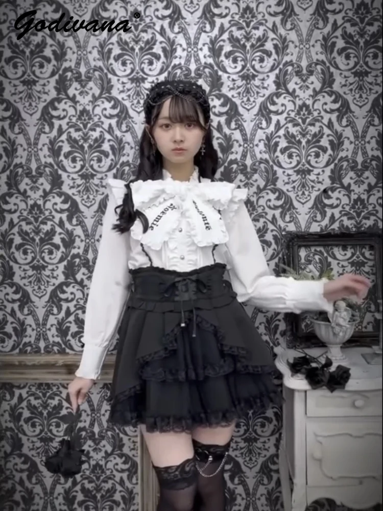 고딕 스타일 러플 레이스업 칼라 보타이 대량 생산 긴팔 셔츠 레터 자수 여성 블라우스 셔츠