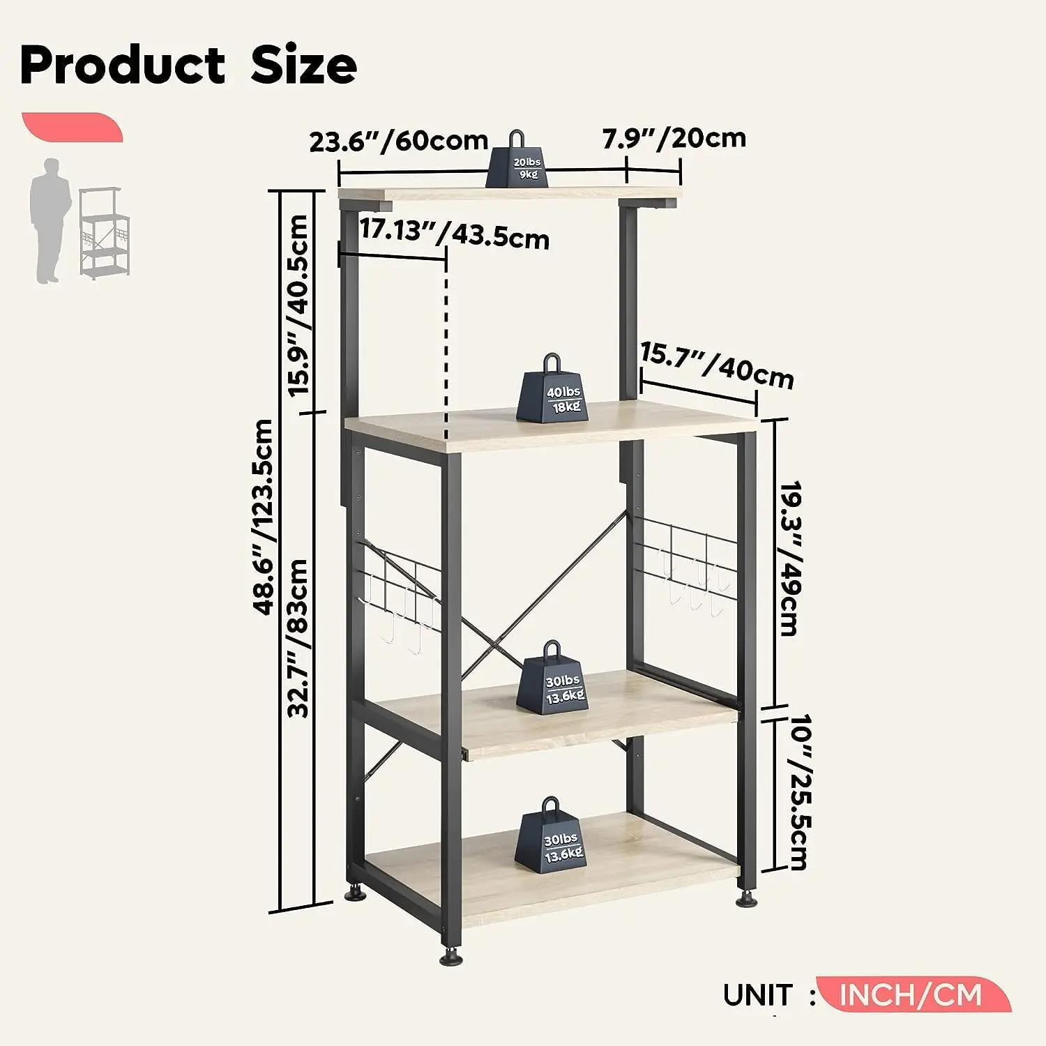 Bestier Bakers Rack, 4-Tier Microwave Stand Coffee Bar Table On Wheels, Utility Storage Rack With Sliding Shelf & 10 Side Hooks