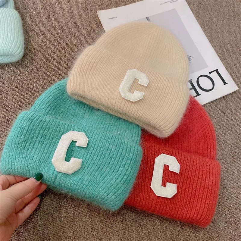 Luxury Brand Real Rabbit Fur Letter C Knitted Hat Women Winter Warm Beanie Casual Knit Men\'s Hat Soft Fluffy Ski Skullies Caps