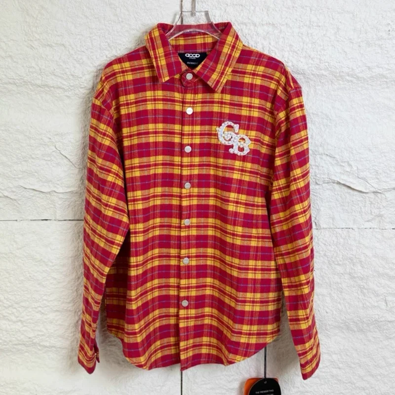 Heavy Industry Pearl Embroidered Letter Logo GOODBRAND Checkered Shirts Fashion Street Cleanfit Casual Men Women Long Sleeve