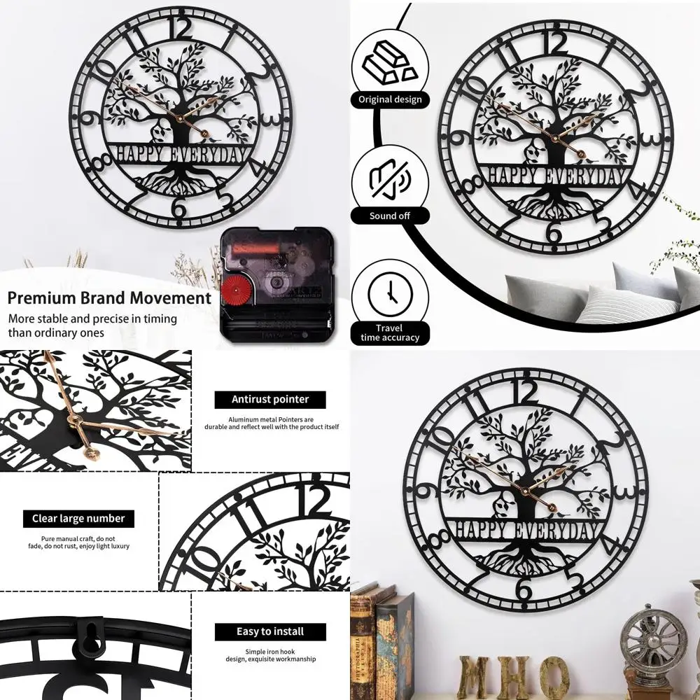 

24 Inch Large Metal Black Tree of Life Wall Clock, Silent Modern Decor for Living Room and Bedroom