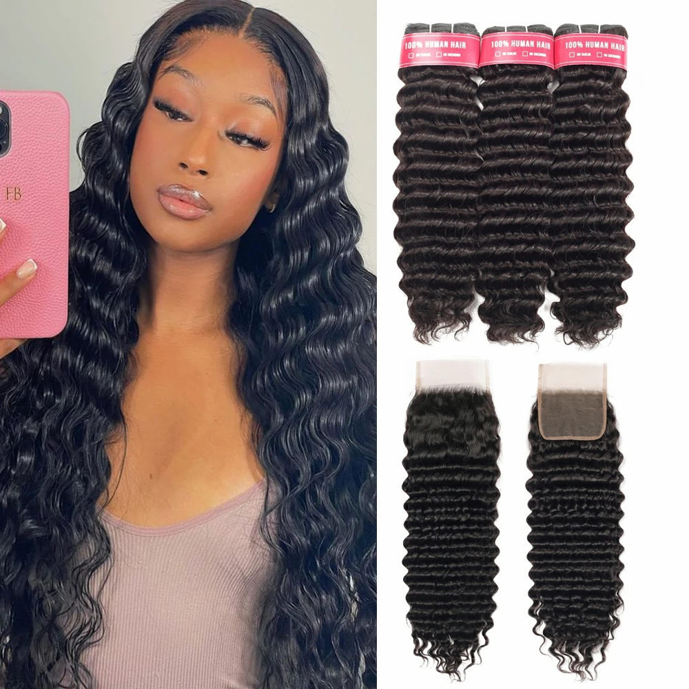 

Sapphire Peruvian Deep Wave Bundles With Closure 4X4 13X4 Transparent Lace Closure Remy Hair Weave Bundles With Closure Frontal