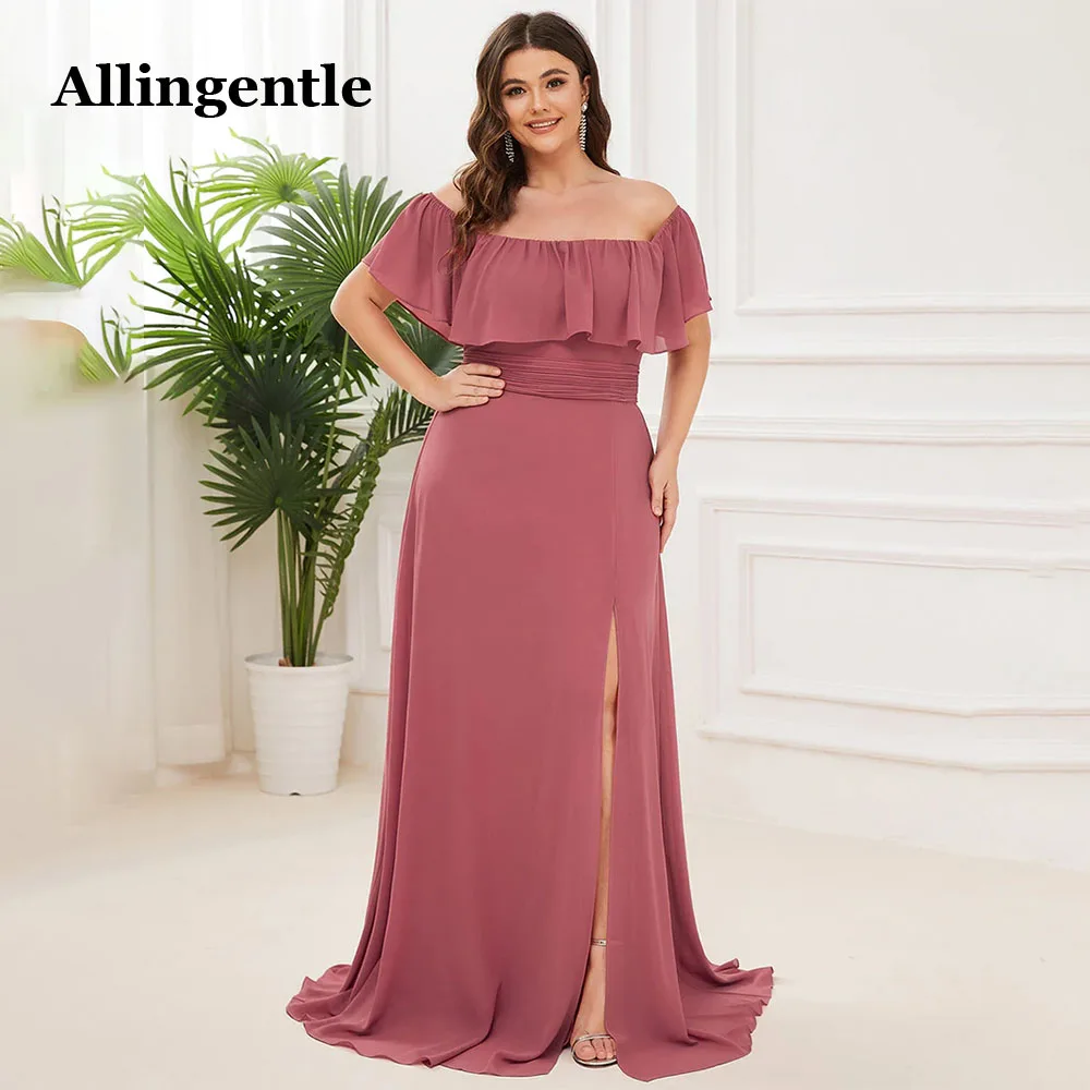 Allingentle Plus size Bridesmaid Dresse Off Shoulder A-Line Side Split Floor-Length Gown 2023 Simple Evening Party Women Dress