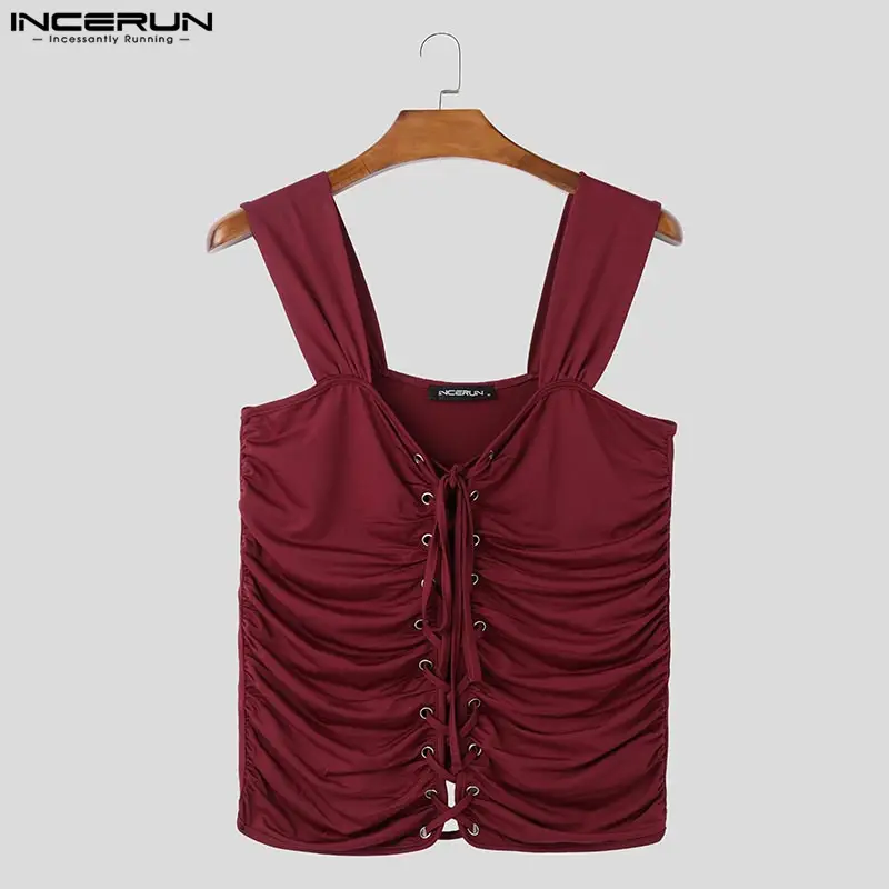 Men Tank Tops Solid Color Pleated Sleeveless Lace Up Hollow Out Streetwear Sexy Male Vests Summer 2025 Fashion Crop Tops INCERUN - Image 4
