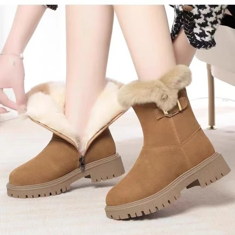 

Women's Winter New Leather High Top Snow Boots Block Heel Thick Sole Non Slip Thickened Plush Warm Zippers Cotton Boots