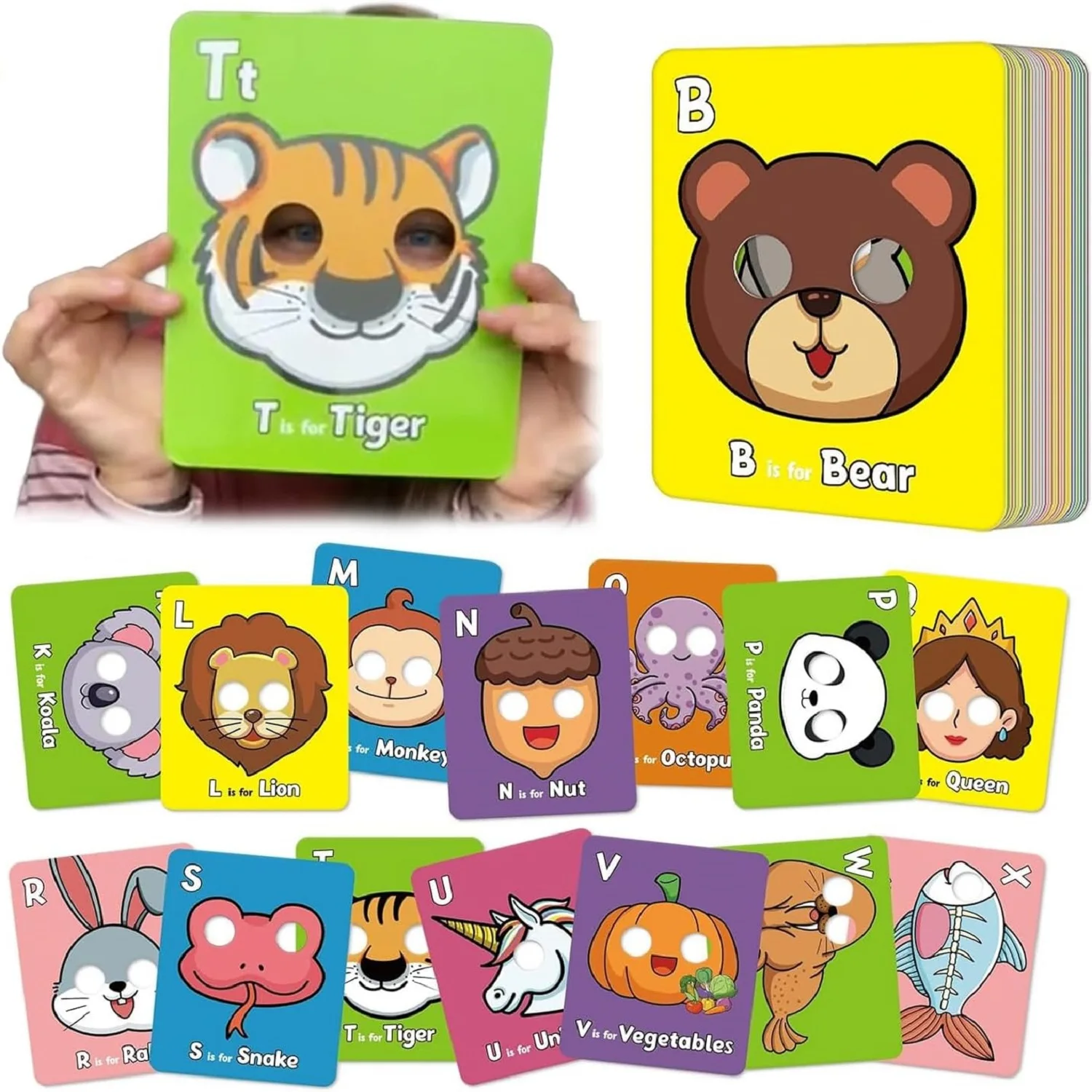 26-teiliges Alphabet ABC Lernkarten-Set mit Tiermasken, Bunte Alphabet-Maskenkarten, Pädagogisches Lernspielzeug zur Buchstabenerkennung