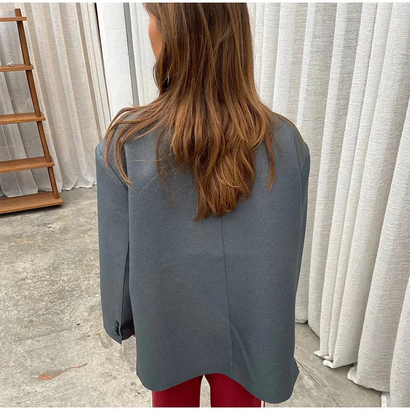 Chic Loose Slanted Placket Suit Jacket Hidden Buckle Side Split Long Sleeve Blazer Coat Women 2024 Autumn Winter Office Ladies