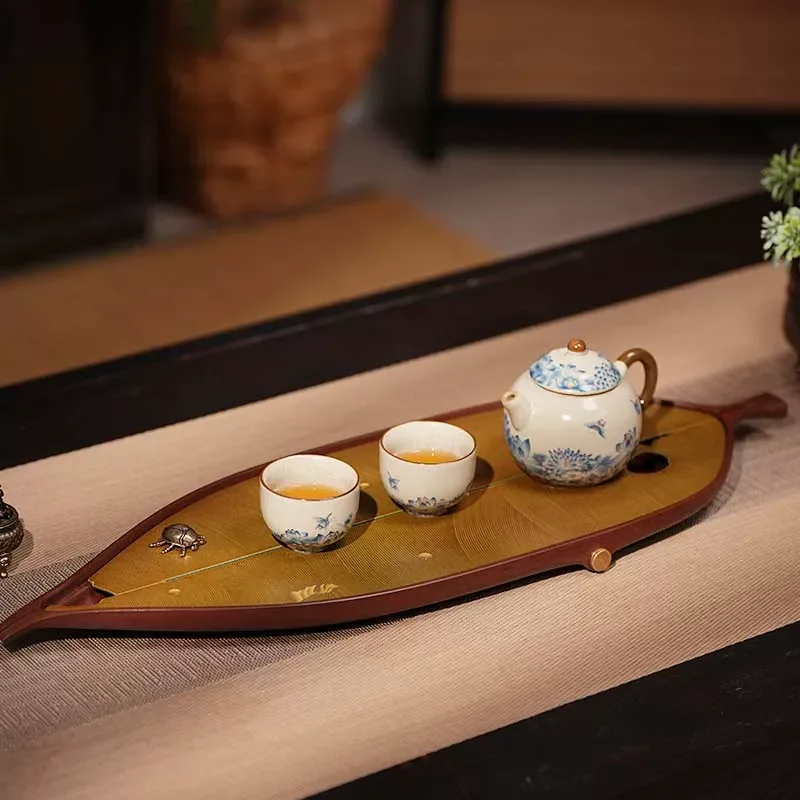 One Leaf Double Rhyme Tea Tray Ancient Song Style Banana Leaf Copper Handmade Color Burning Household Retro Tea Tray
