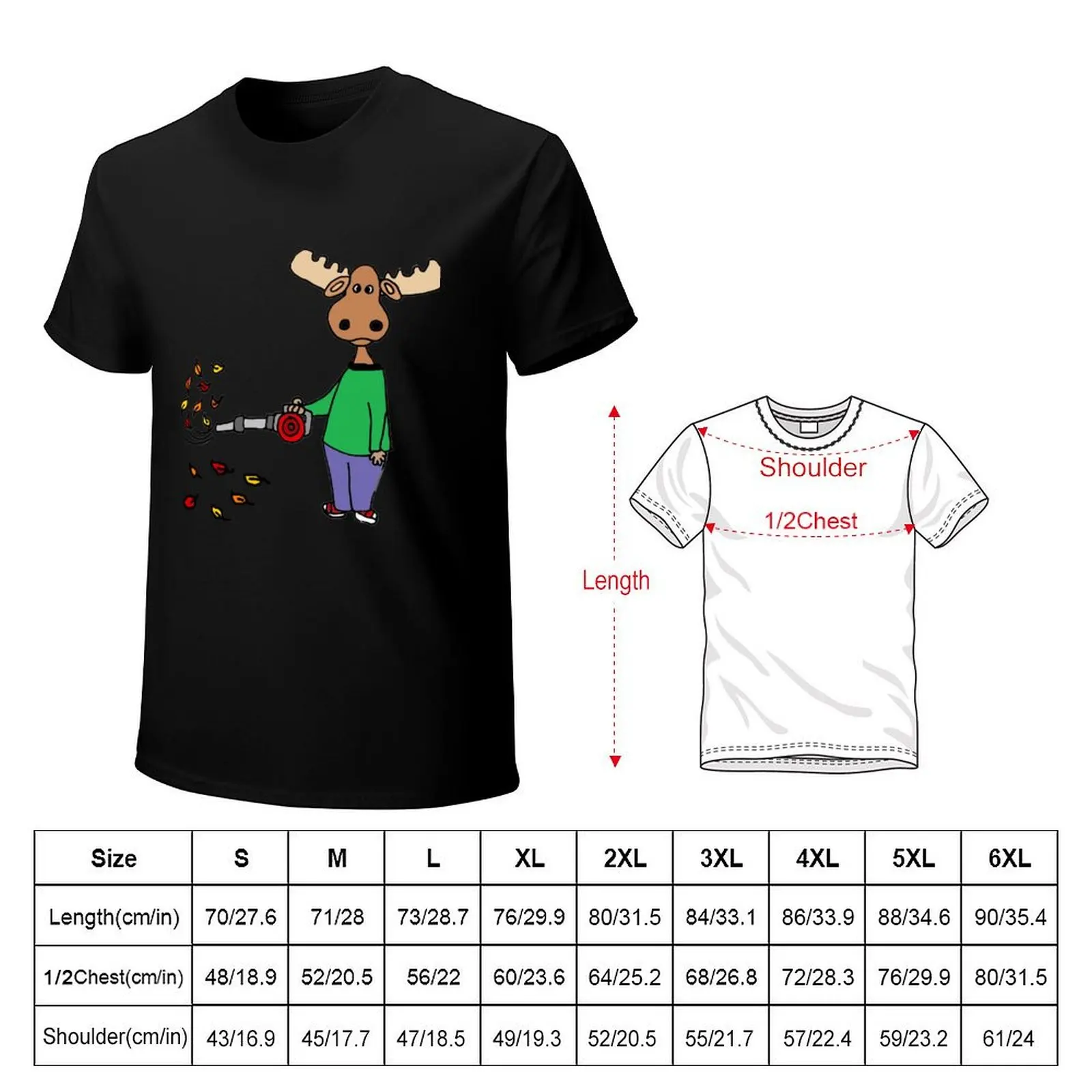 Funny Moose using Leaf Blower Cartoon T-Shirt Basic Plain Short Sleeve Crew Neck Tee