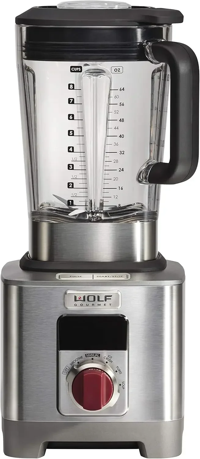 Liquidificador de alto desempenho Wolf Gourmet, frasco de 64 onças, 4 configurações de programa, 12,5 AMPS, mistura de alimentos, shakes e smoothies, botão vermelho