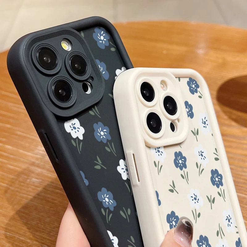 Blue White Small Flowers Silicone Case For iPhone 15 16 Pro Max 14 13 12 11 Pro Max 7 8 XR XS SE Shockproof Soft TPU Phone Cover