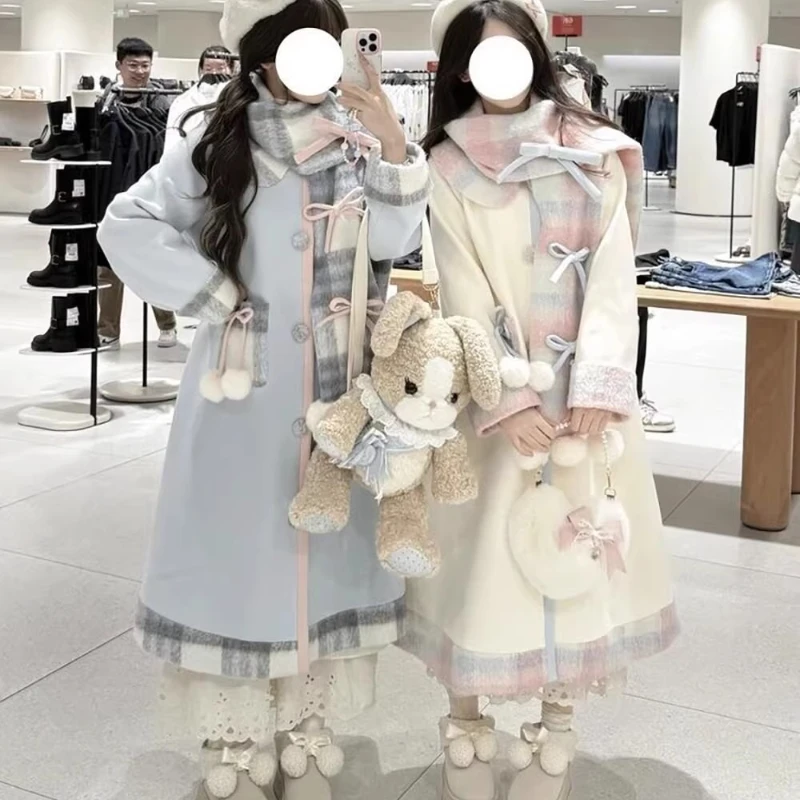 

Japanese Girls Sweet Cute Lolita Long Coat Autumn and Winter New Woman's Slim Fit Woolen Jacket with Scarf Female Y2k Overcoats