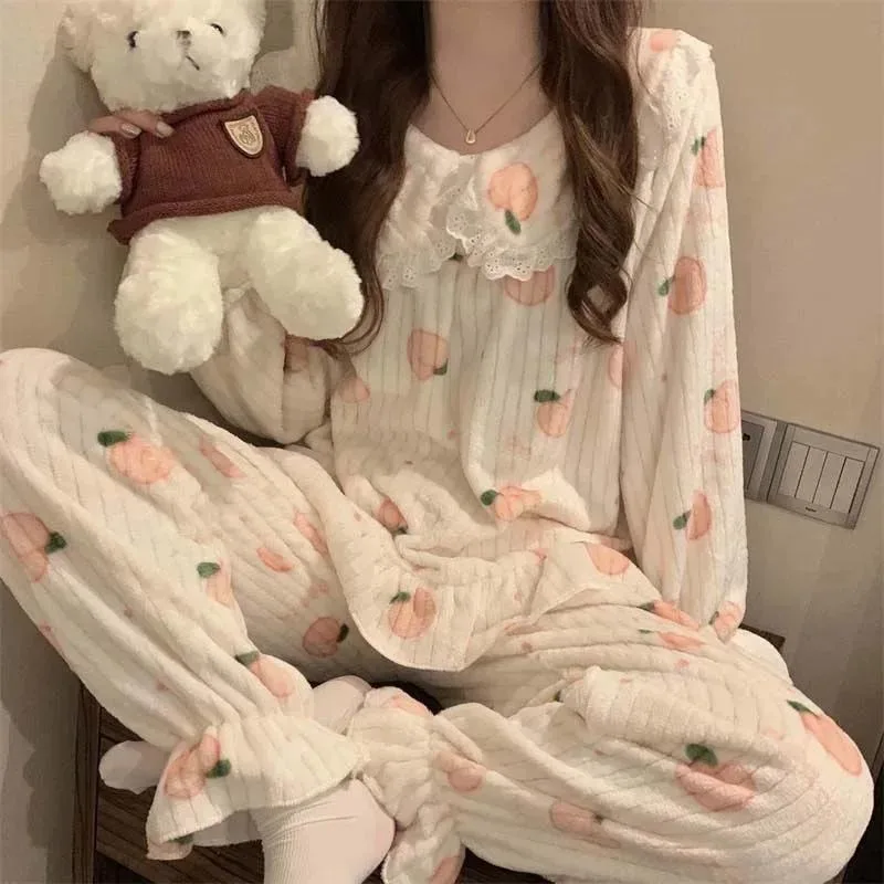 2pcs Set Women's Warm and Thickened Coral Velvet Peach Print Pajamas Set Autumn and Winter Comfortable Home Wear Pajamas