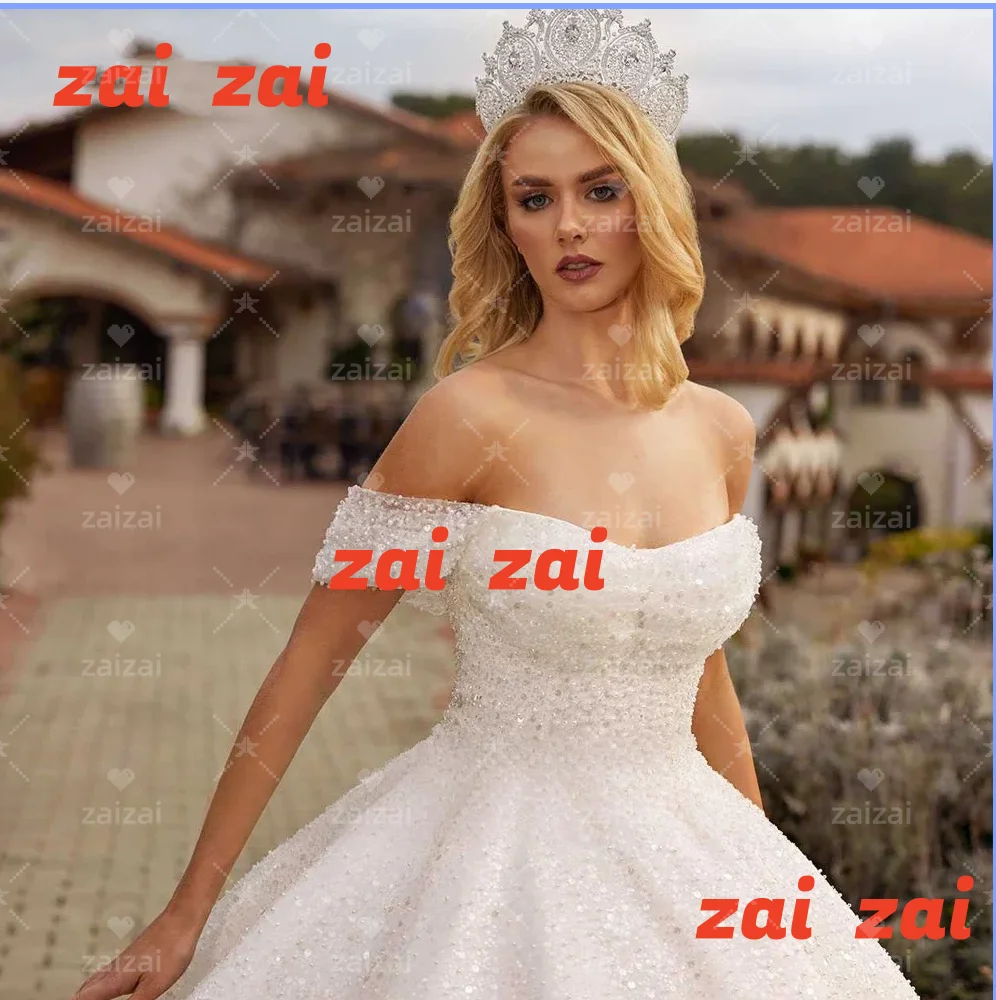 Customized Gorgeous Sparkling Boat Neck Ball Gown Wedding Dresses Sequined Beaded Lace Bridal Gowns with Chapel Train