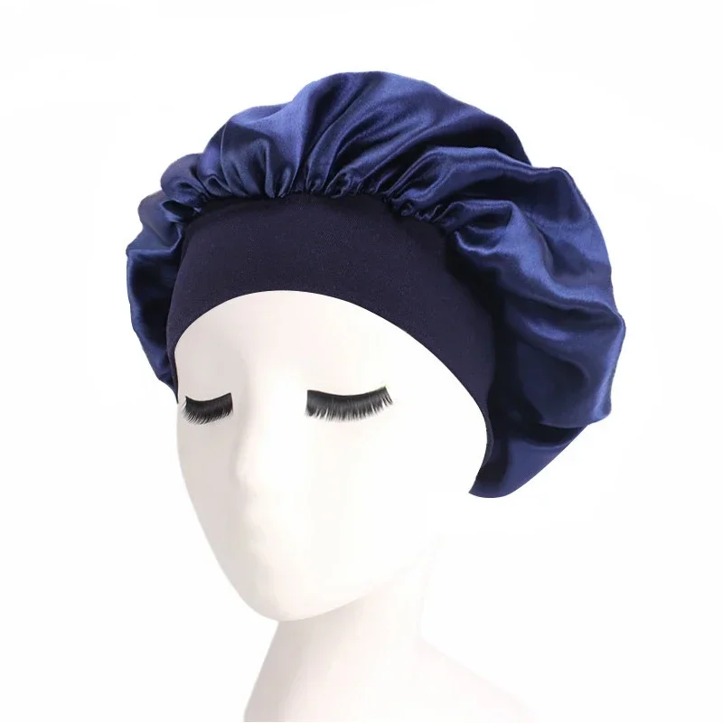 Alta elástica cetim sólido chapéu de dormir 1 pçs cuidados com o cabelo bonnet nightcap multi-cor reutilizável feminino casa dormir boné acessórios